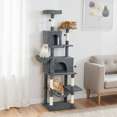 PawHut 202cm Large Cat Tree with 6 Scratching Posts, 2 Hammocks, 2 Condos, 2 Perches, Pompoms, for Indoor Cats to Rest and Play 