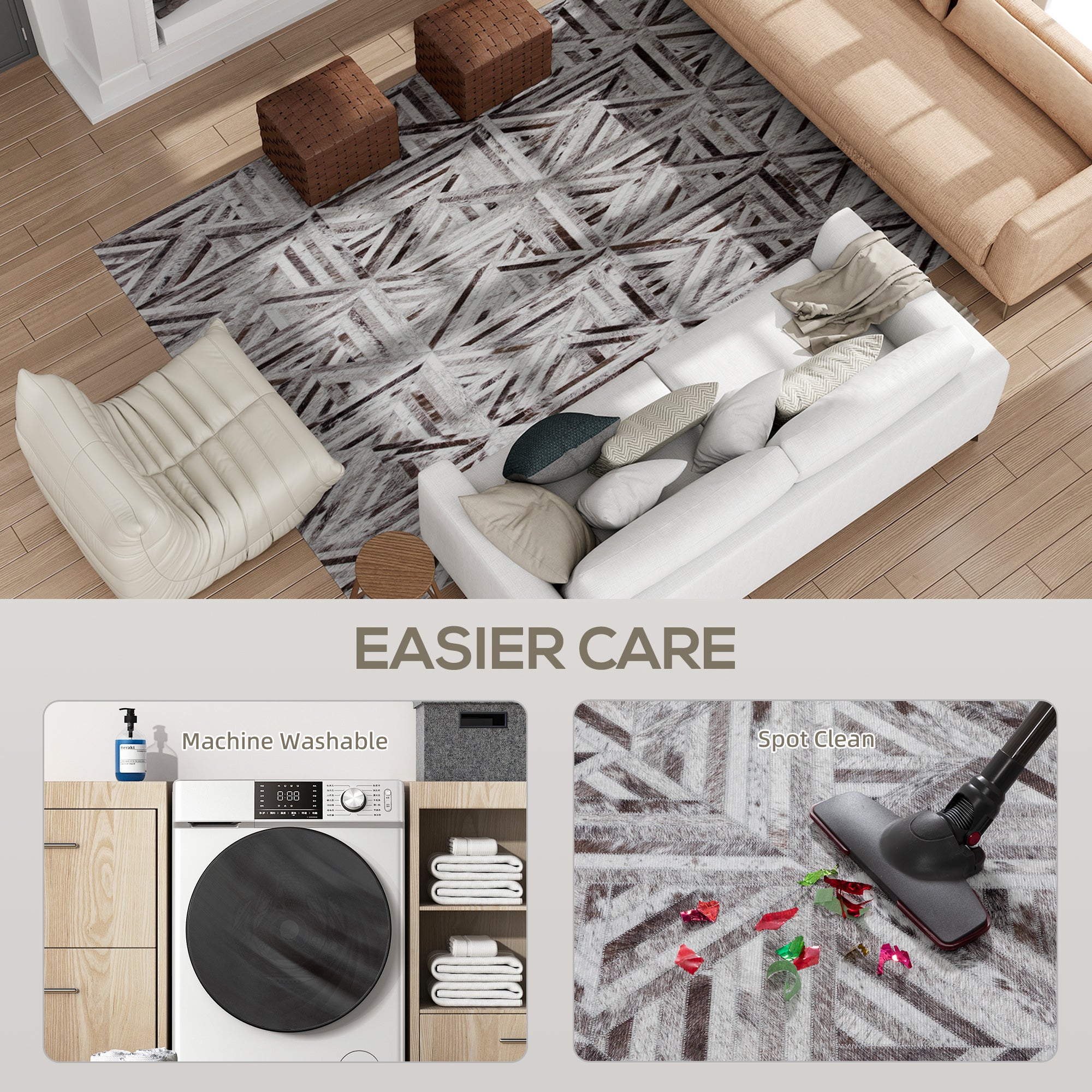 HOMCOM Modern Area Rug, Triangle Pattern Non-Slip Washable Rug, Chenille Floor Carpet for Living Room, Bedroom, Dining Room, Home Office, 290 x 200 cm, Brown