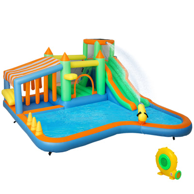 AIYAPLAY 8 in 1 Inflatable Bounce House with 680W Blower, Slide, 2 Pools, Basketball Hoop, Climbing Wall, Water Gun, Ring Toss 