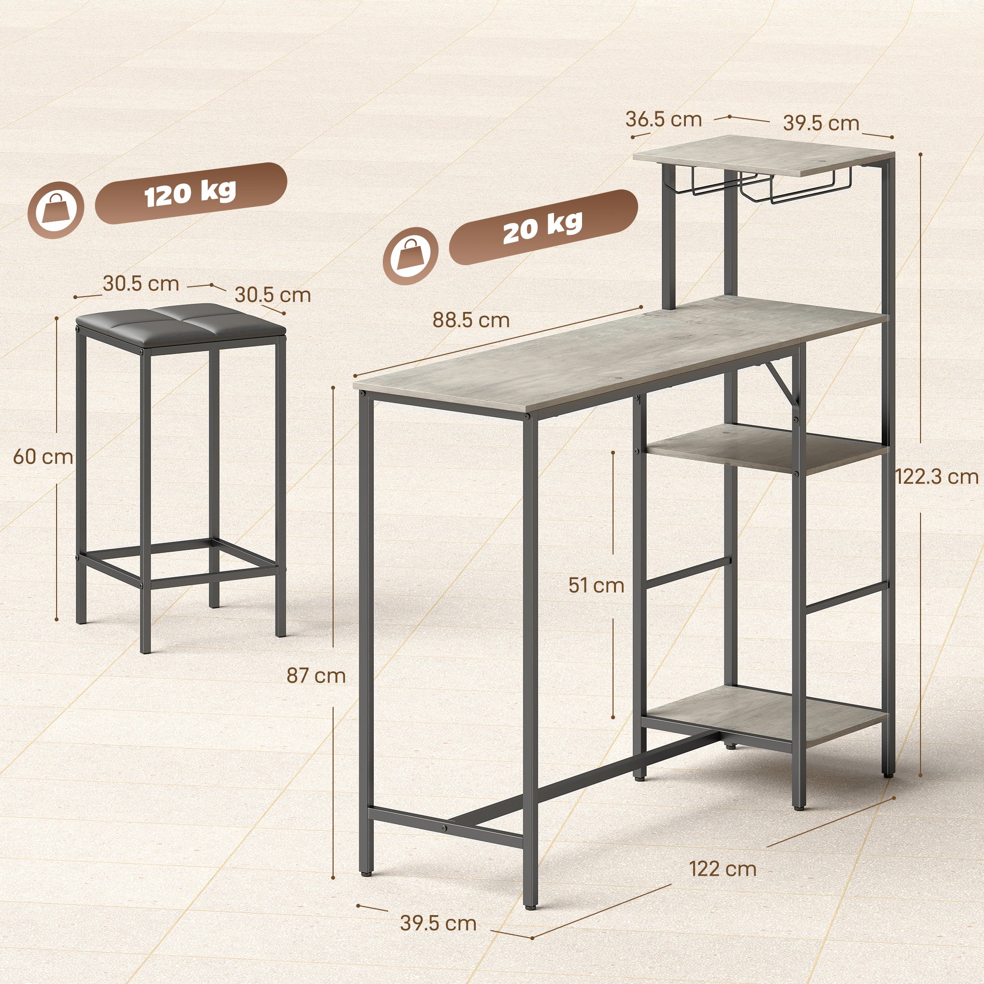 HOMCOM 3 Piece Breakfast Bar Table and Stools Set, Washed Grey 