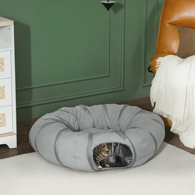 PawHut 2 in 1 Cat Tunnel with Bed, Cat Play Tunnel with Ball & Peek Hole for Indoor Cats, Grey 