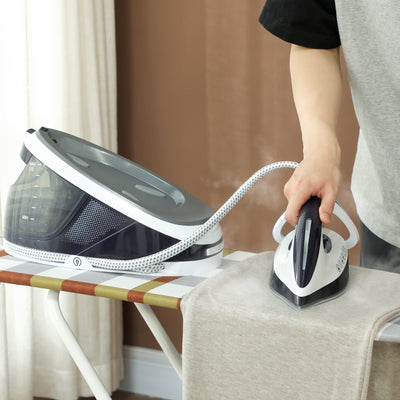 HOMCOM Steam Generator Iron with ECO Mode, Self-Cleaning, Powerful Vertical Steam, Automatic Shut-Off, Ceramic Non-stick Soleplate, Large 1.5L Detachable Water Tank, 8 Bar, 2600W, Blue 