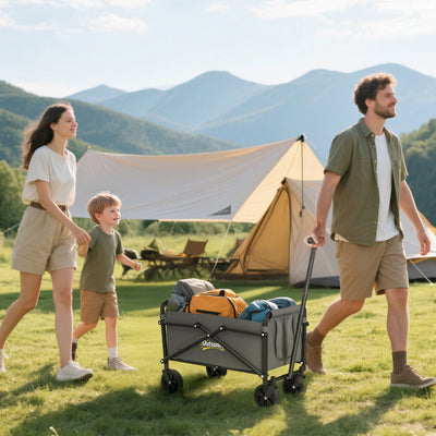 Outsunny 41L Festival Trolley on Wheels, Small Garden Folding Trolley Cart, 60kg Heavy Duty Collapsible Folding Wagon with Adjustable Handle and Carrying Bag for Beach, Camping, Festival, Grey 