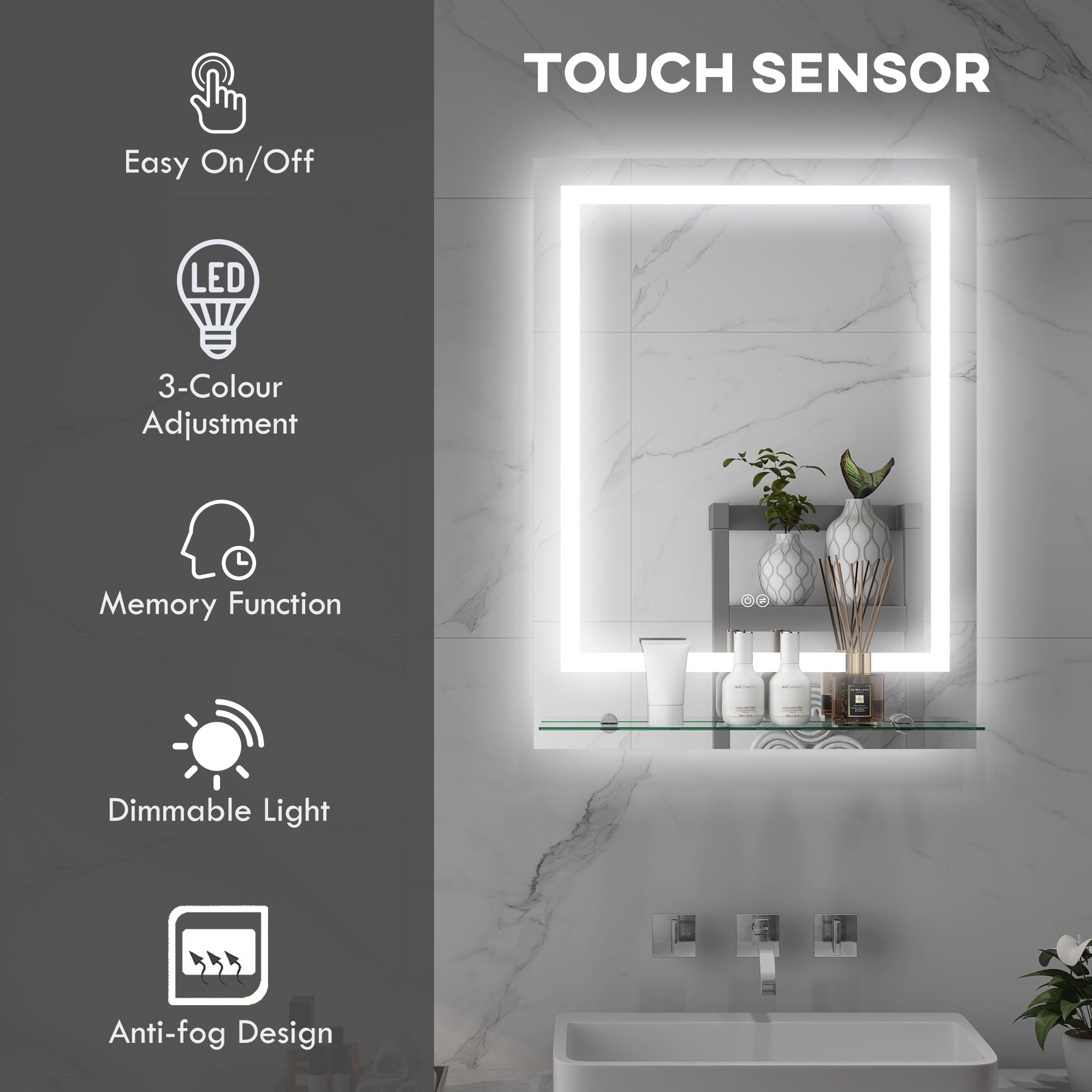 kleankin Large Vanity Mirror with Lights and Shelf, Illuminated bathroom Mirror with 3 Colour Brightness, Smart Touch, Anti-Fog 