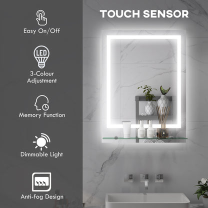 kleankin Large Vanity Mirror with Lights and Shelf, Illuminated bathroom Mirror with 3 Colour Brightness, Smart Touch, Anti-Fog 