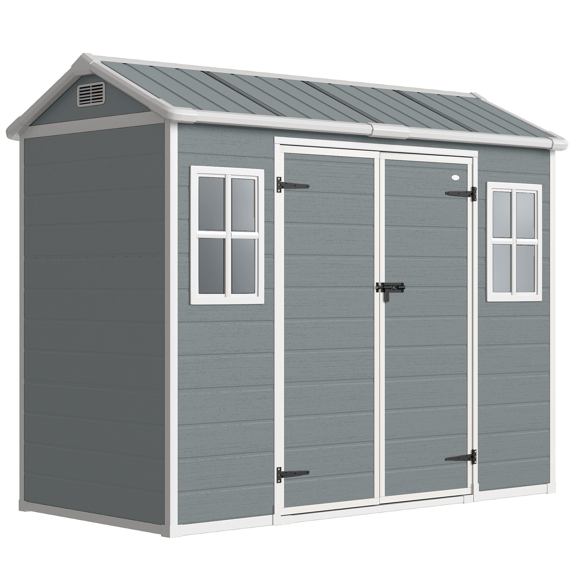 Outsunny 8 x 4 ft Resin Garden Shed, Wood-Effect Outdoor Storage Shed with Floor, Windows, Lockable Doors and Vents, Light Grey 