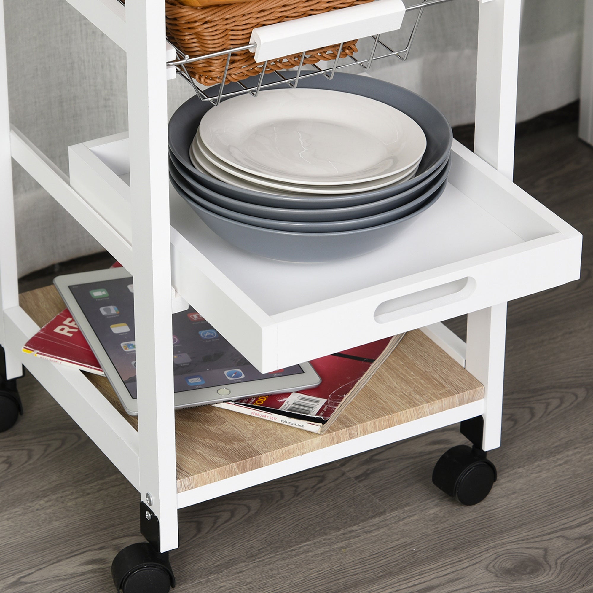 HOMCOM Mobile Rolling Kitchen Island Trolley for Home w/ Metal Baskets Trays Shelves Wheels Compact Stylish Storage White 