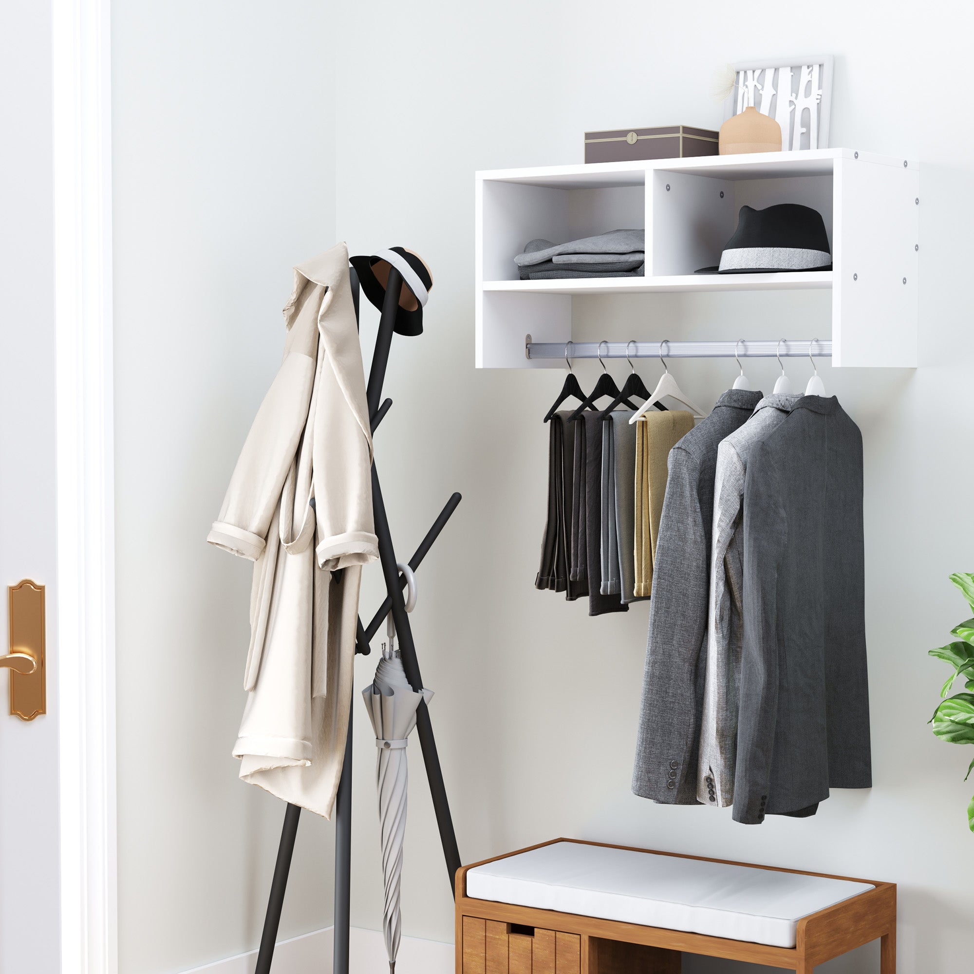 HOMCOM Wall Mounted Coat Hanger Hooks Rack Stand Hallway Coat Rack Rail & Storage Shelf Hanging Coat Organizer (White) 