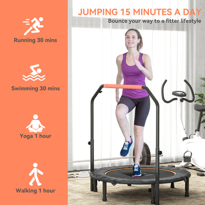HOMCOM 45" Foldable Mini Fitness Trampoline, with Adjustable Foam Handle, Orange 