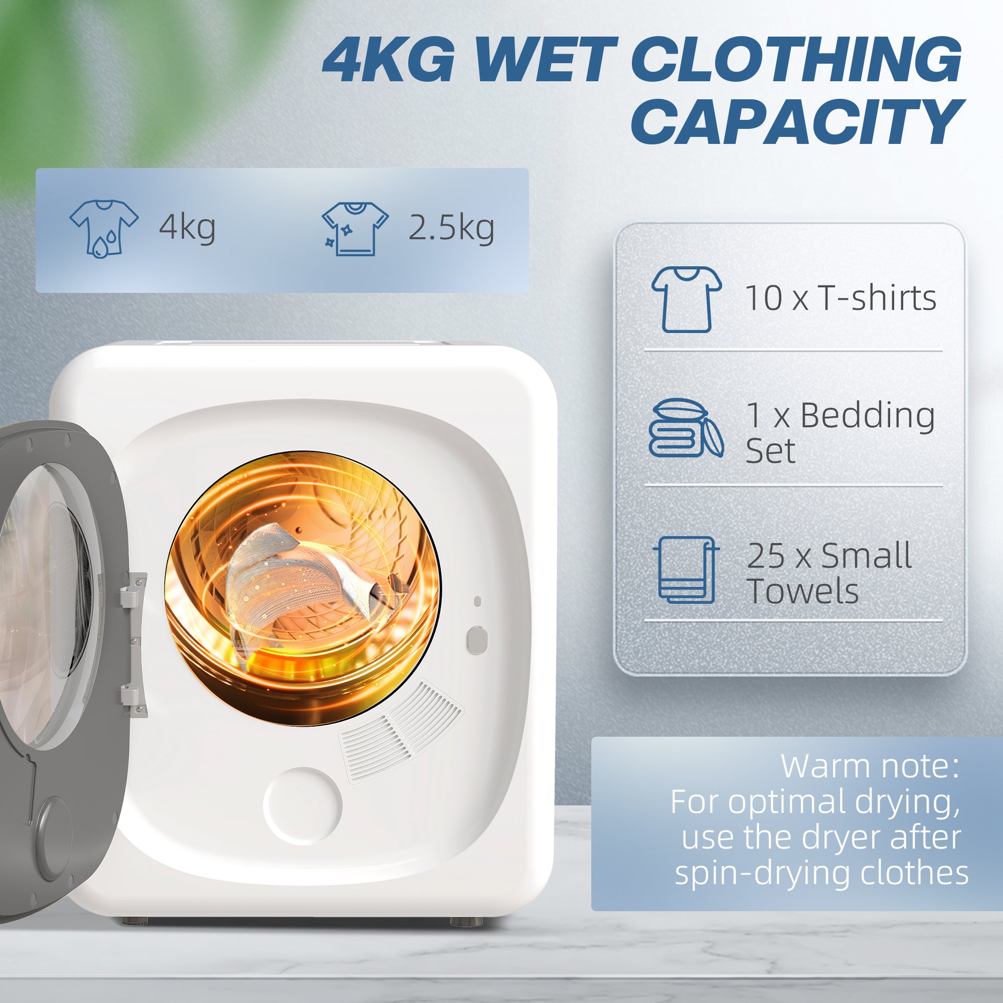 HOMCOM 4kg Vented Tumble Dryer, 800W Compact Freestanding Front Tumble Dryer with 5 Drying Mode, Smart Sensor, Timer and Stainless Steel Tub, Wall-Mounted Portable Small Clothes Drying Machine, White 
