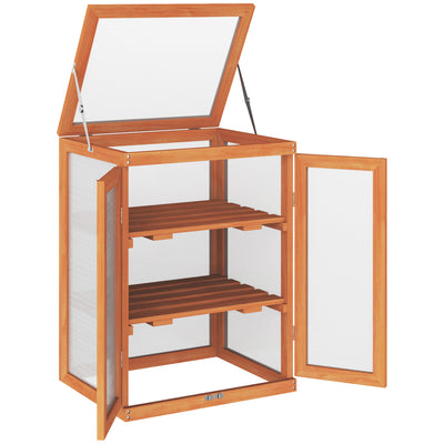 Outsunny 3-tier Wood Greenhouse Garden Polycarbonate Cold Frame Balcony Grow House w/ Storage Shelf for Plants, Flowers, Orange 