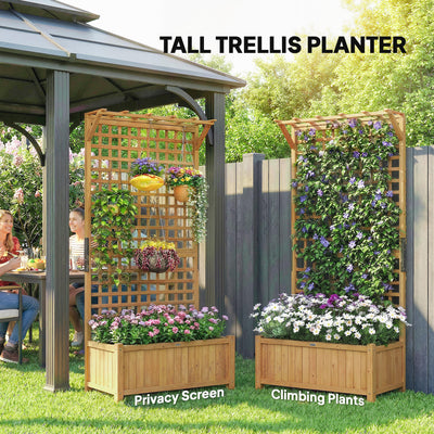 Outsunny Raised Bed with Drainage Holes, Wood Planter with Trellis for Climbing Plants to Grow Vegetables, Flowers, Yellow 