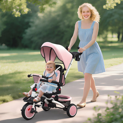 AIYAPLAY 6 in 1 Foldable Kids Trike with Adjustable Parent Handle & Canopy for Ages 1-5, Pink 