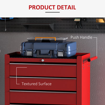 HOMCOM 5 Drawer Tool Chest on Wheels, Lockable Steel Tool Trolley with Side Handle for Workshop, Garage, Red 