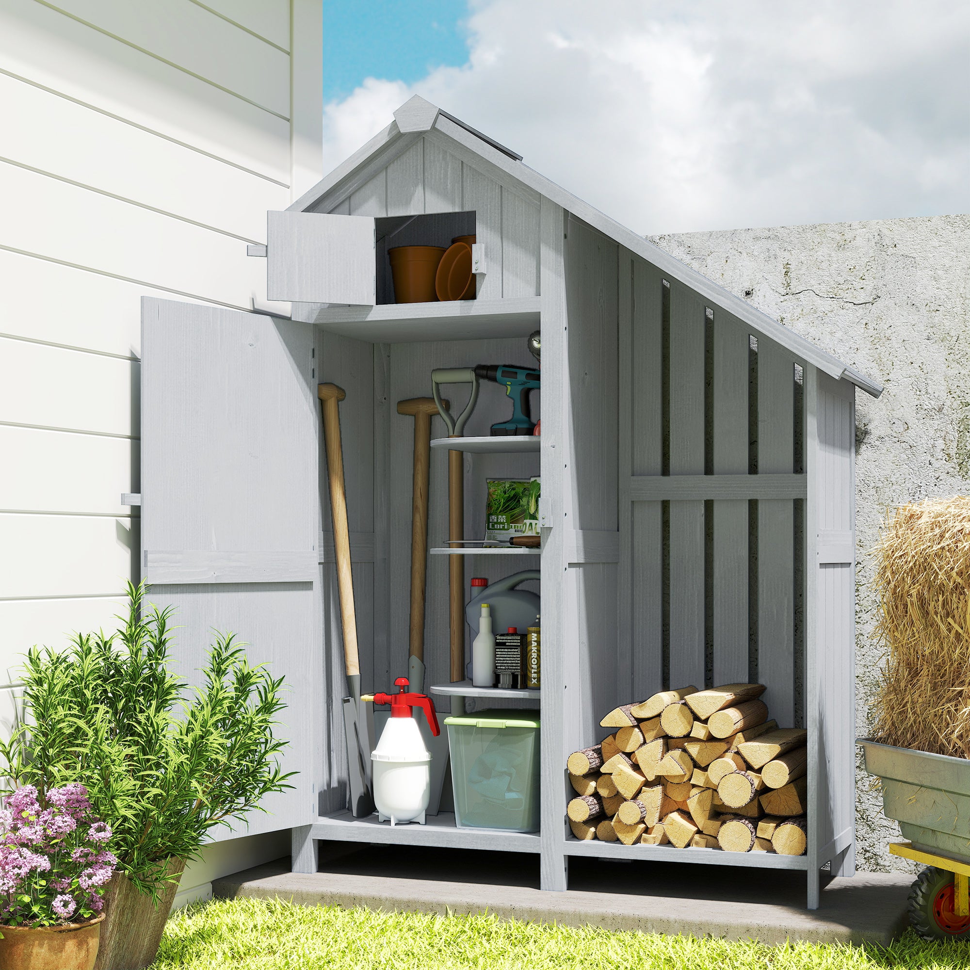 Outsunny Garden Outdoor Storage Shed 3 Shelves Tilt Roof w/ Firewood Rack Log Carrier, 129L x 51.5W x 180H cm 