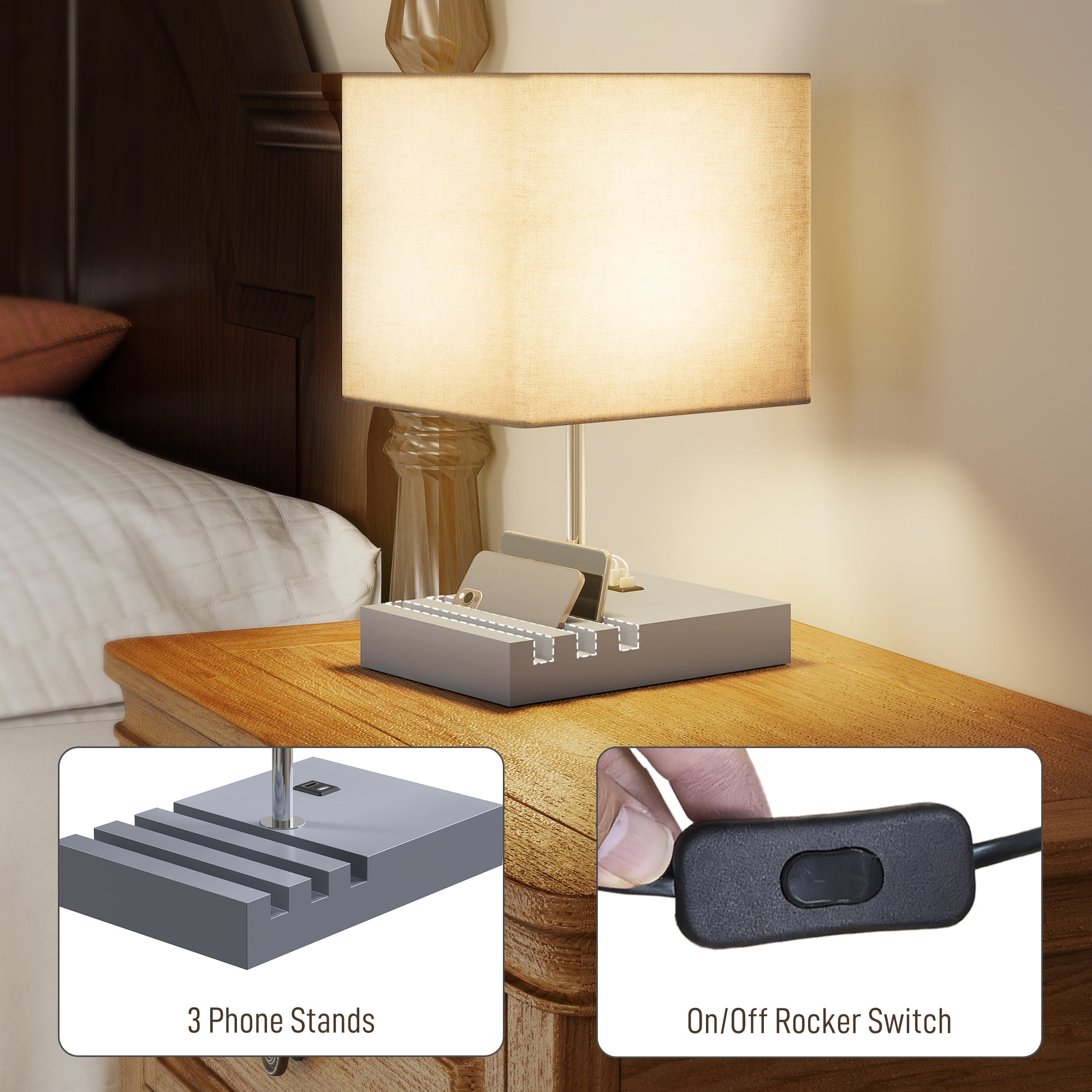 HOMCOM Bedside Lamp with USB A+C Charging Ports and 3 Phone Stands, Modern Table Lamp with Solid Wood Base and Fabric Shade for Bedroom Living Room Office, E27 Socket, Bulb Not Included, Grey 