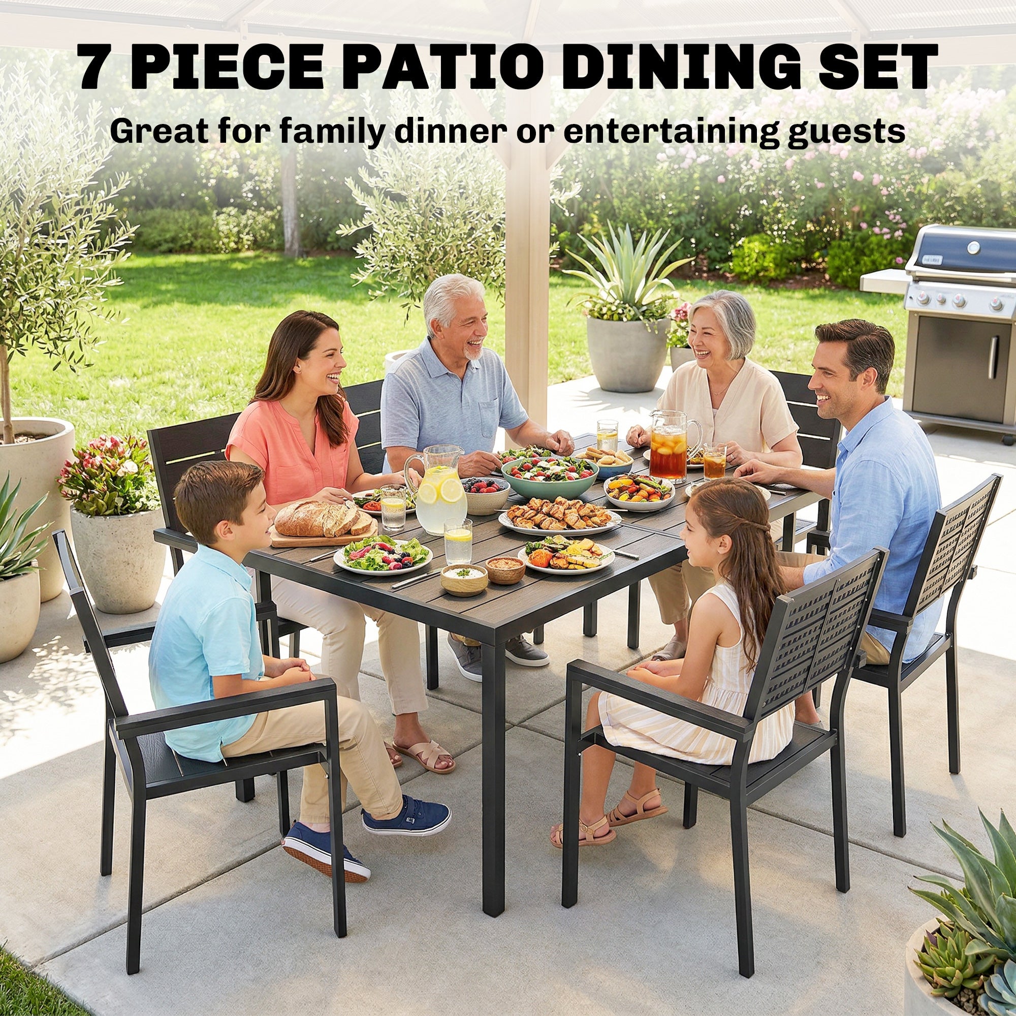 Outsunny 7 Pieces Outdoor Dining Set, Patio Table and Chairs for 6, Garden Dining Furniture Set with Slatted Tabletop 