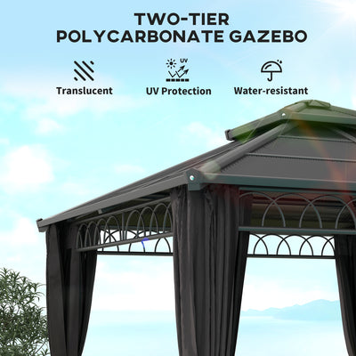 Outsunny 3 x 3 (m) Outdoor Polycarbonate Gazebo, Double\'c2\'a0Roof Hard Top Gazebo with\'c2\'a0Galvanised Steel Frame, Nettings\'c2\'a0&\'c2\'a0Curtains for Garden, Lawn, Patio and Deck, Dark Grey 