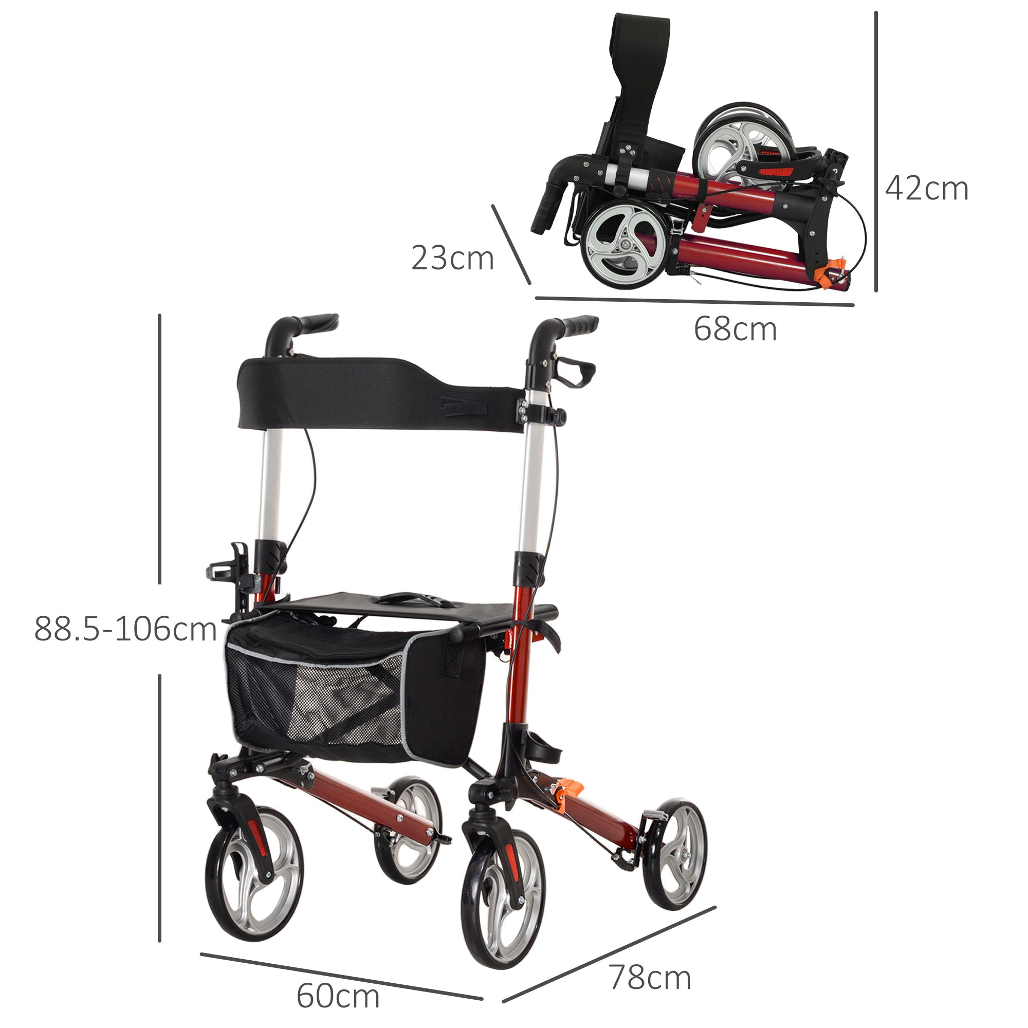 HOMCOM 88.5-106cm Aluminium Frame Rollator Walker, with Brakes - Red 