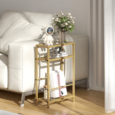 HOMCOM 3-Tier Side Table, Narrow End Table with Storage Shelf and Tempered Glass Tabletop for Small Spaces, Bedroom, Living Room, Entryway, Gold Tone 