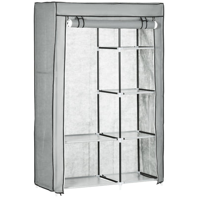 HOMCOM Fabric Wardrobe, Portable Wardrobe with 6 Shelves, 1 Hanging Rail, Foldable Closets, 103 x 43 x 162.5 cm, Light Grey 