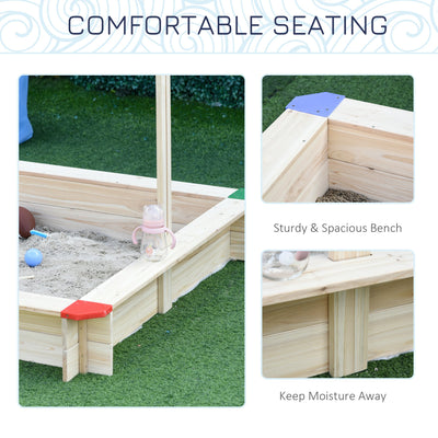Outsunny Kids Wooden Sand Pit Children Square Sandbox Outdoor Playset Play Station Adjustable Canopy Bench Seat 120x120x120cm 