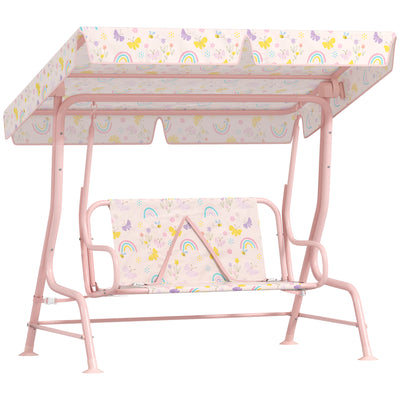 AIYAPLAY Kids Garden Swing Chair with Adjustable Canopy, Safety Belt, 2 Seater Hammock Swing Bench for Patio, Porch, Pink 