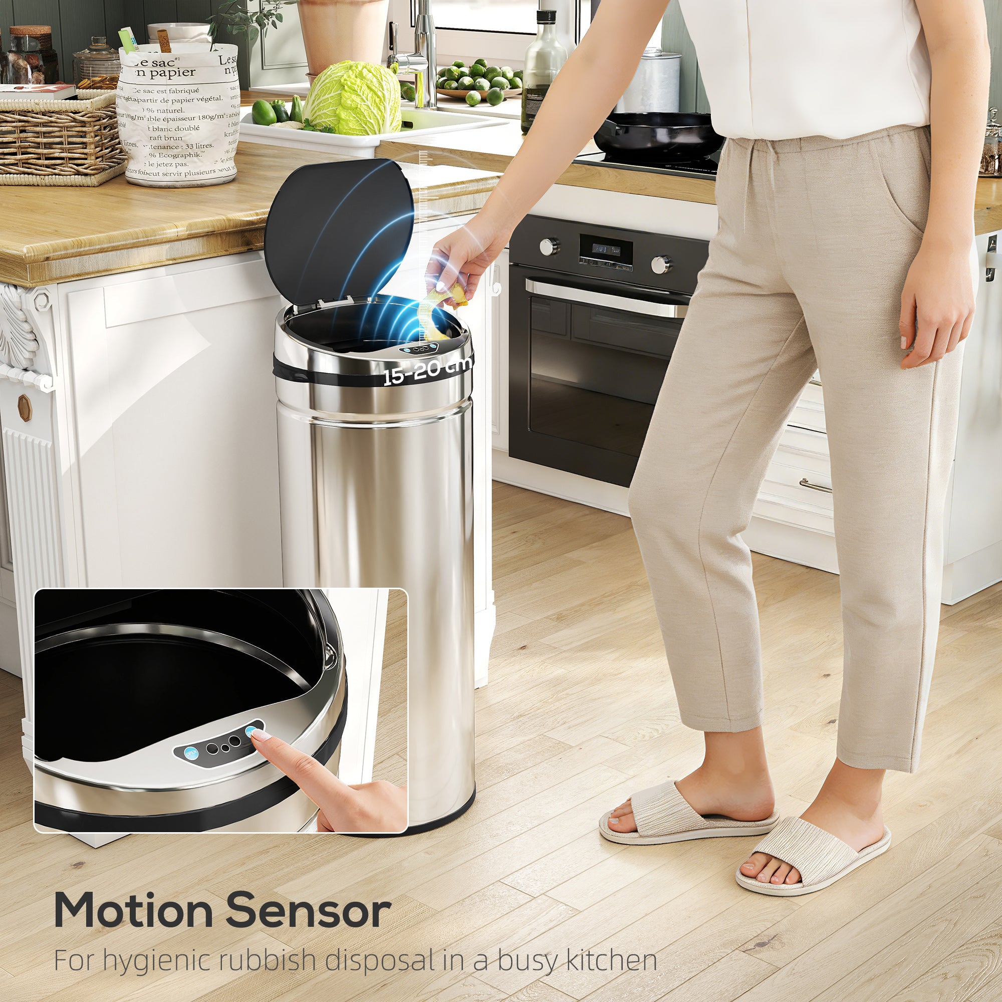HOMCOM 50L Stainless Steel Sensor Bin - Silver Tone 