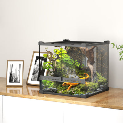 PawHut Reptile Glass Terrarium with Stone Background, Front Ventilation, Escape-Proof Knob Lock, 30 x 30 x 30 cm, Black 