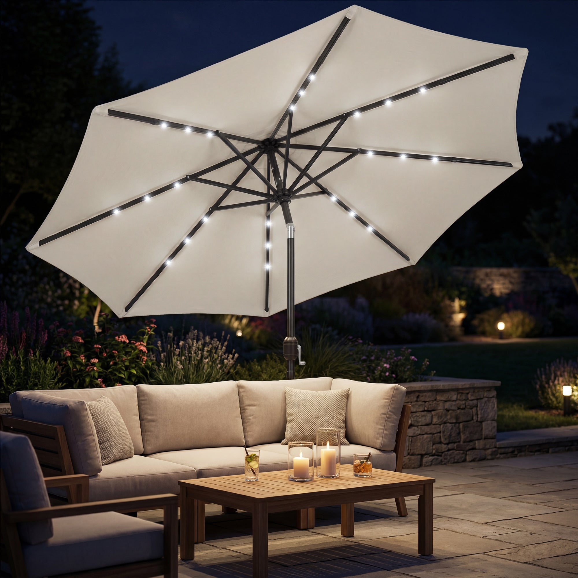 Outsunny 2.6 m Garden Parasol Umbrella with LED Solar Light, Parasol Cover, Outdoor Market Patio Umbrella, Light Grey 
