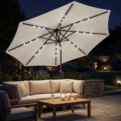 Outsunny 2.6 m Garden Parasol Umbrella with LED Solar Light, Parasol Cover, Outdoor Market Patio Umbrella, Light Grey 