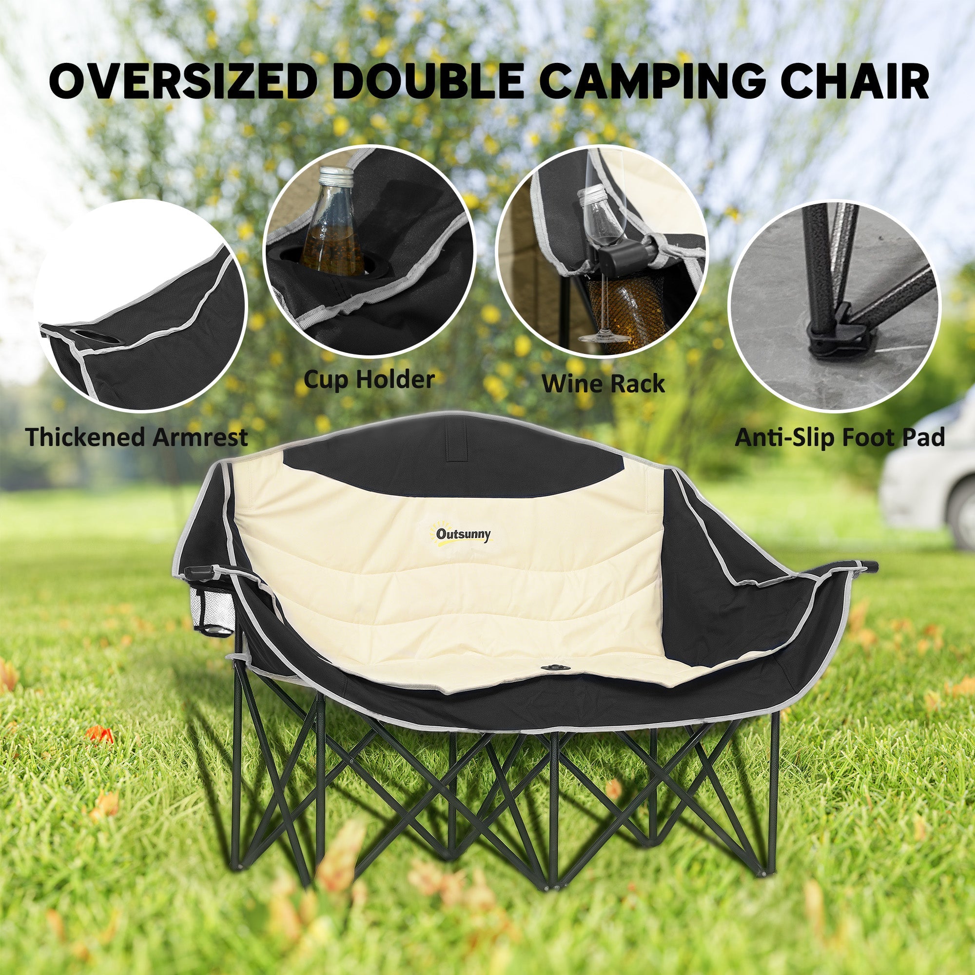 Outsunny Double Camping Chair for Adults, Oversized Heavy Duty Padded Folding Chair with Armrests, Cup Holders and Carry Bag for Outdoor Camping Hiking Picnic Fishing, 250kg Capacity, Khaki 