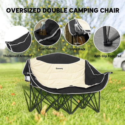 Outsunny Double Camping Chair for Adults, Oversized Heavy Duty Padded Folding Chair with Armrests, Cup Holders and Carry Bag for Outdoor Camping Hiking Picnic Fishing, 250kg Capacity, Khaki 