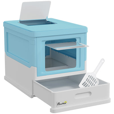 PawHut Hooded Cat Litter Box, Portable Pet Toilet, with Scoop, Front Entry - Light Blue 