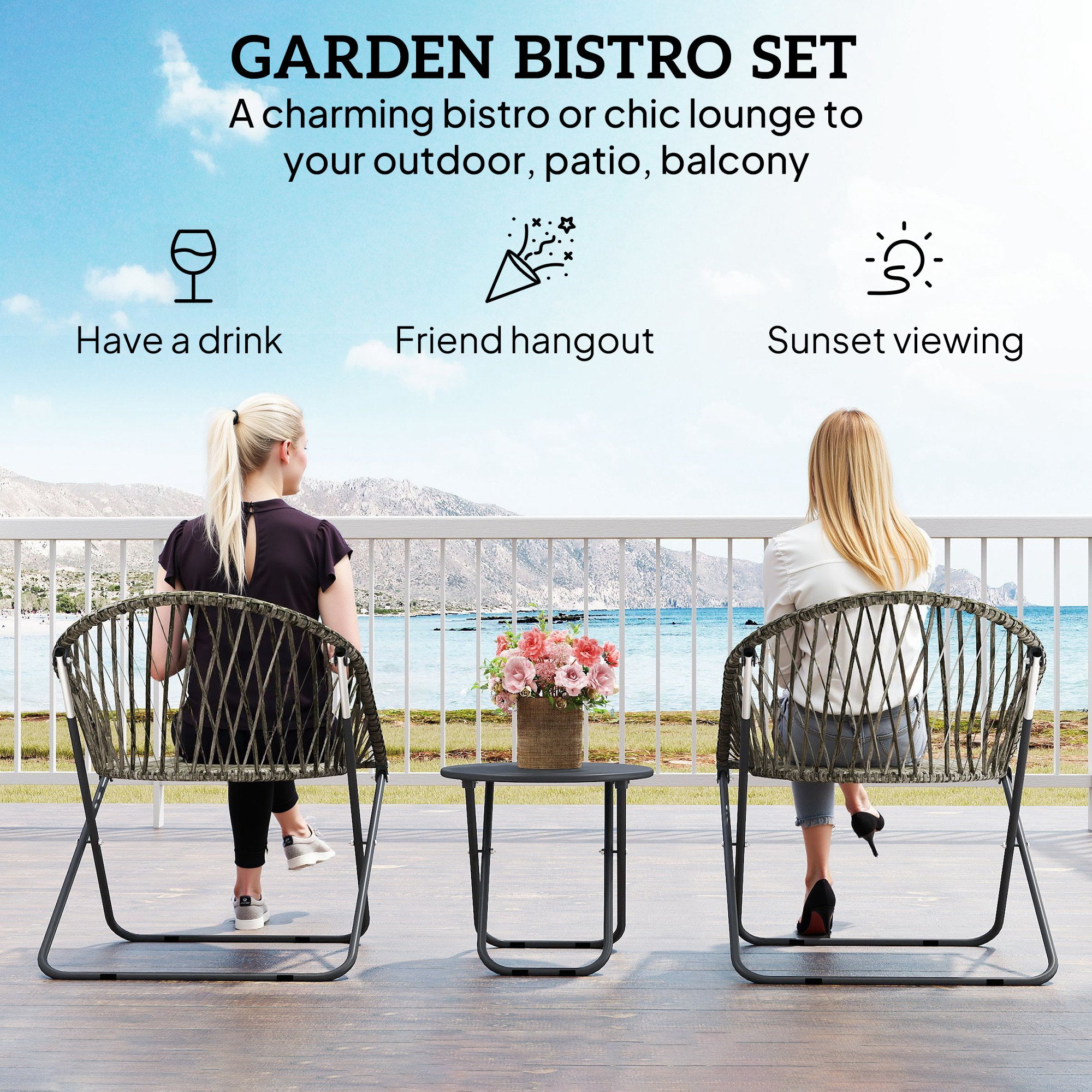 Outsunny Patio Bistro Set, Folding Patio Furniture Set with 2 Chairs and Table, Grey 