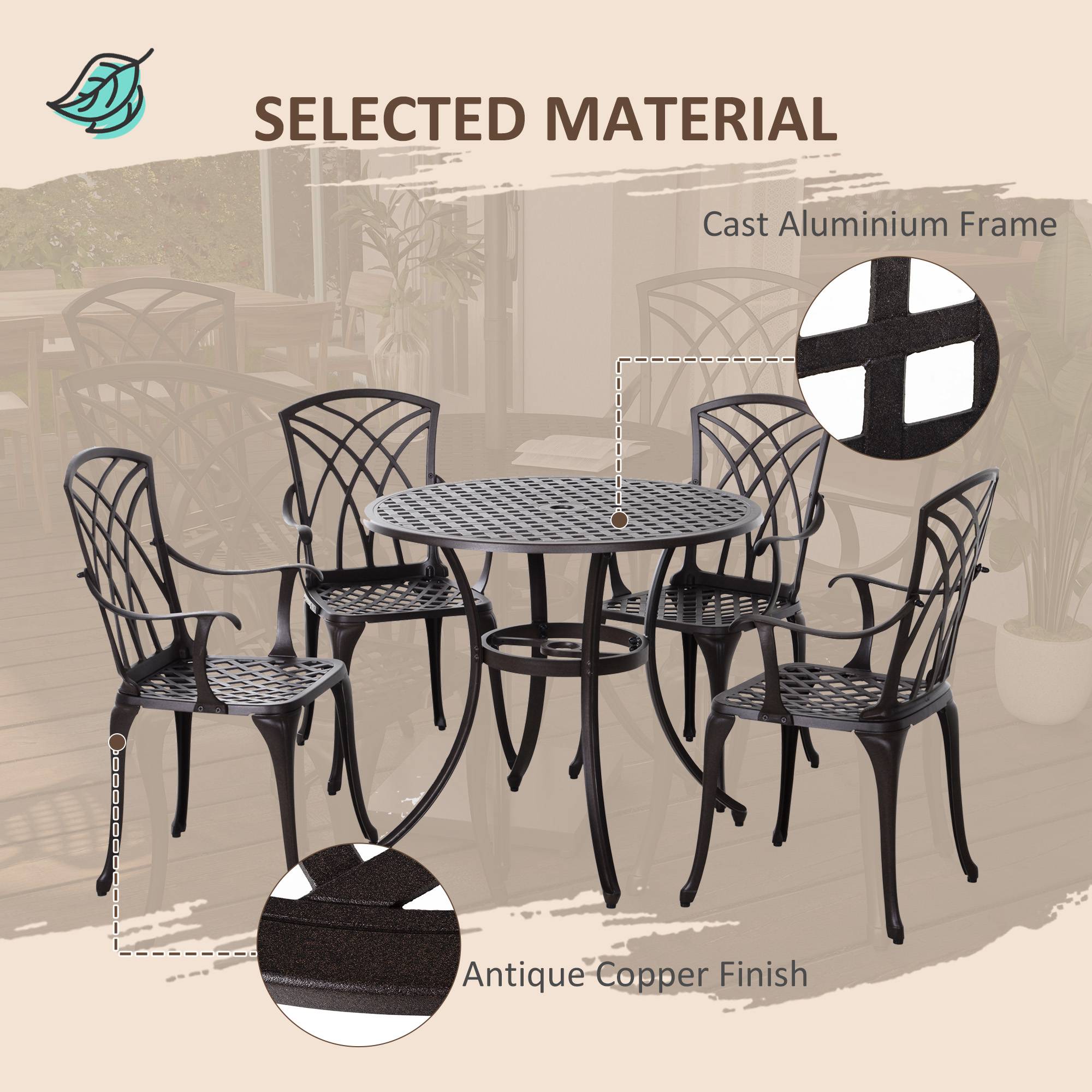Outsunny 5 Pieces Garden Dining Set for 4, Cast Aluminium Outdoor Dining Set with 4 Armchairs and Round Dining Table with Parasol Hole, Garden Furniture Set, Brown 