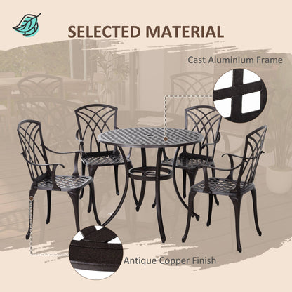 Outsunny 5 Pieces Garden Dining Set for 4, Cast Aluminium Outdoor Dining Set with 4 Armchairs and Round Dining Table with Parasol Hole, Garden Furniture Set, Brown 