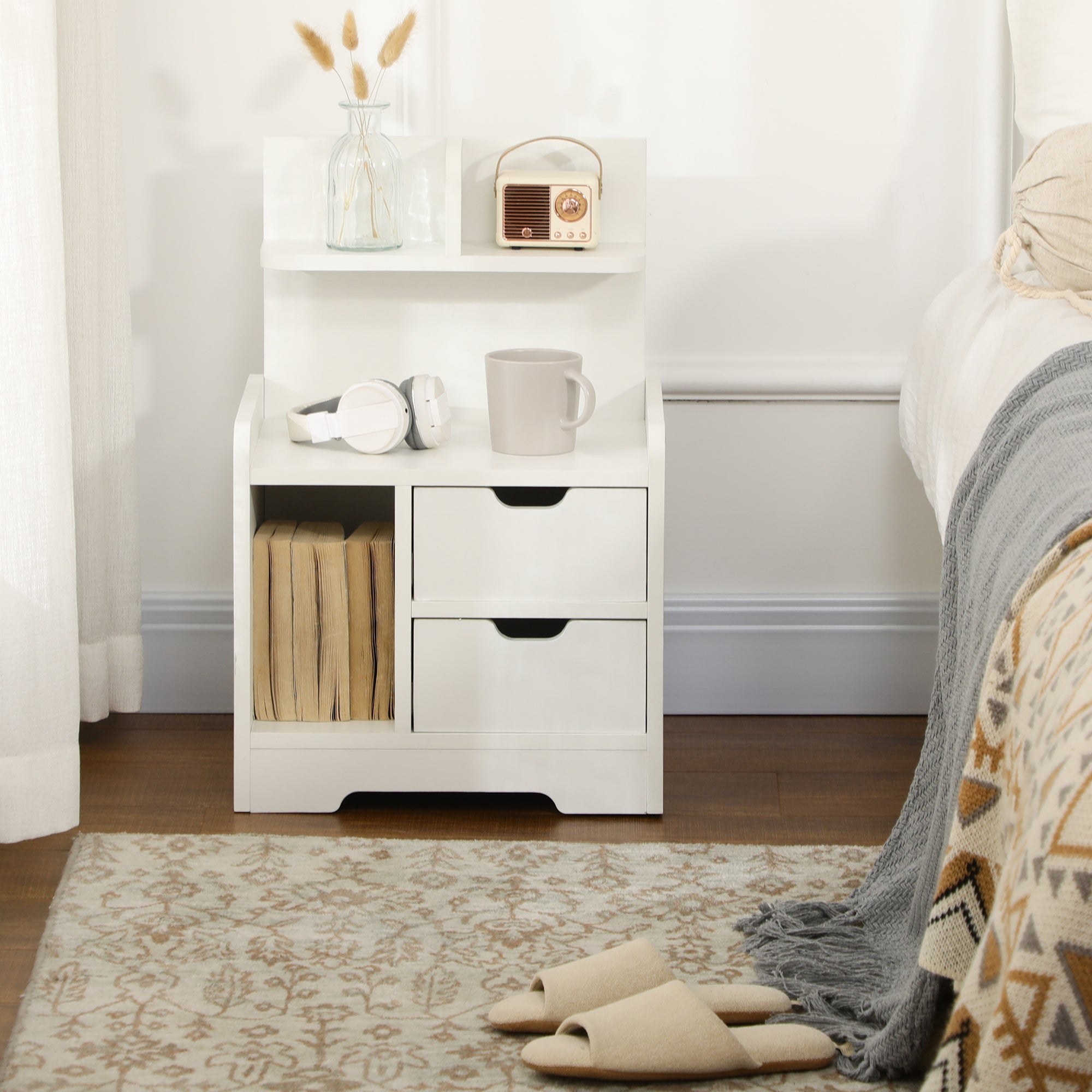 HOMCOM Bedside Table, Small Bedside Cabinet with 2 Drawers and Storage Shelves, Accent Table for Living Room, Bedroom, White 