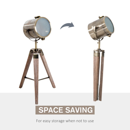 HOMCOM Vintage Tripod Table Desk Lamp Bedside Light Spotlight Brass Antique Searchlight Wooden Base 