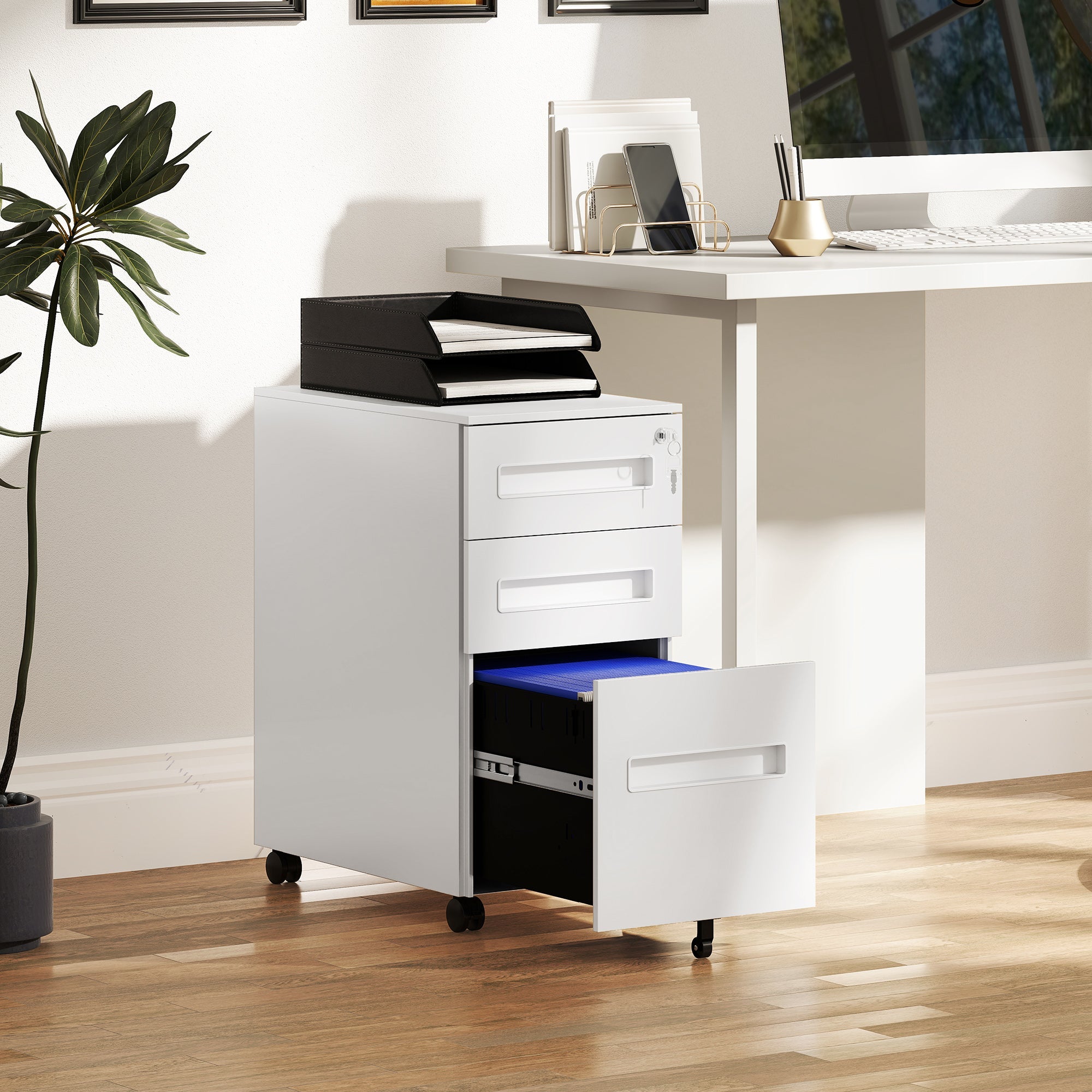 Vinsetto Metal Mobile File Cabinet with Wheels, Lockable 3 Drawer Filing Cabinet for A4, Legal, Letter, Compact Under Desk Storage Unit with Pre-Assembled Body for Home Office, 30 x 43.5 x 60cm, White 