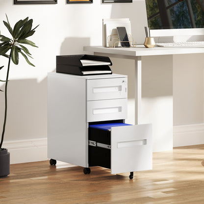 Vinsetto Metal Mobile File Cabinet with Wheels, Lockable 3 Drawer Filing Cabinet for A4, Legal, Letter, Compact Under Desk Storage Unit with Pre-Assembled Body for Home Office, 30 x 43.5 x 60cm, White 