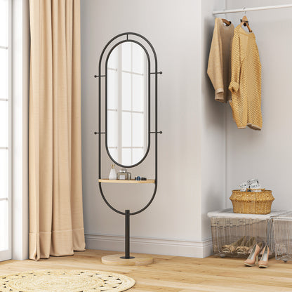 HOMCOM Oval Full Length Mirror with Wooden Tray and 4 Hooks - Black