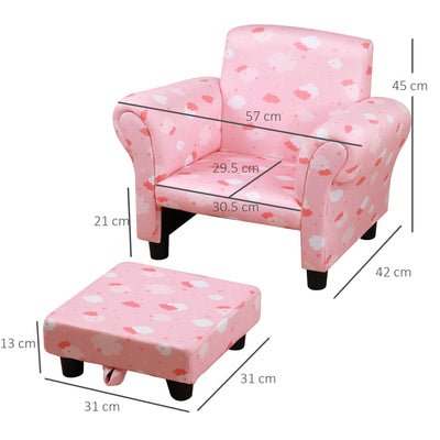 HOMCOM Toddler Chair Children's Armchairs Wood Frame w/ Footrest Anti-Slip Legs High Back Arms for Bedroom Playroom Cute Cloud Star Pink 