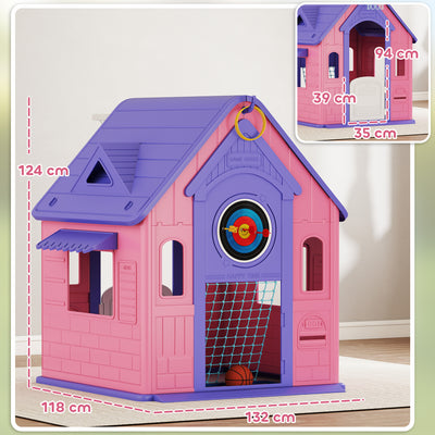 AIYAPLAY 5-in-1 Playhouse for Kids Outdoor Indoor with Basketball Hoop, Football Goal, Dartboard, Ring Toss for 2-5 Years, Pink 