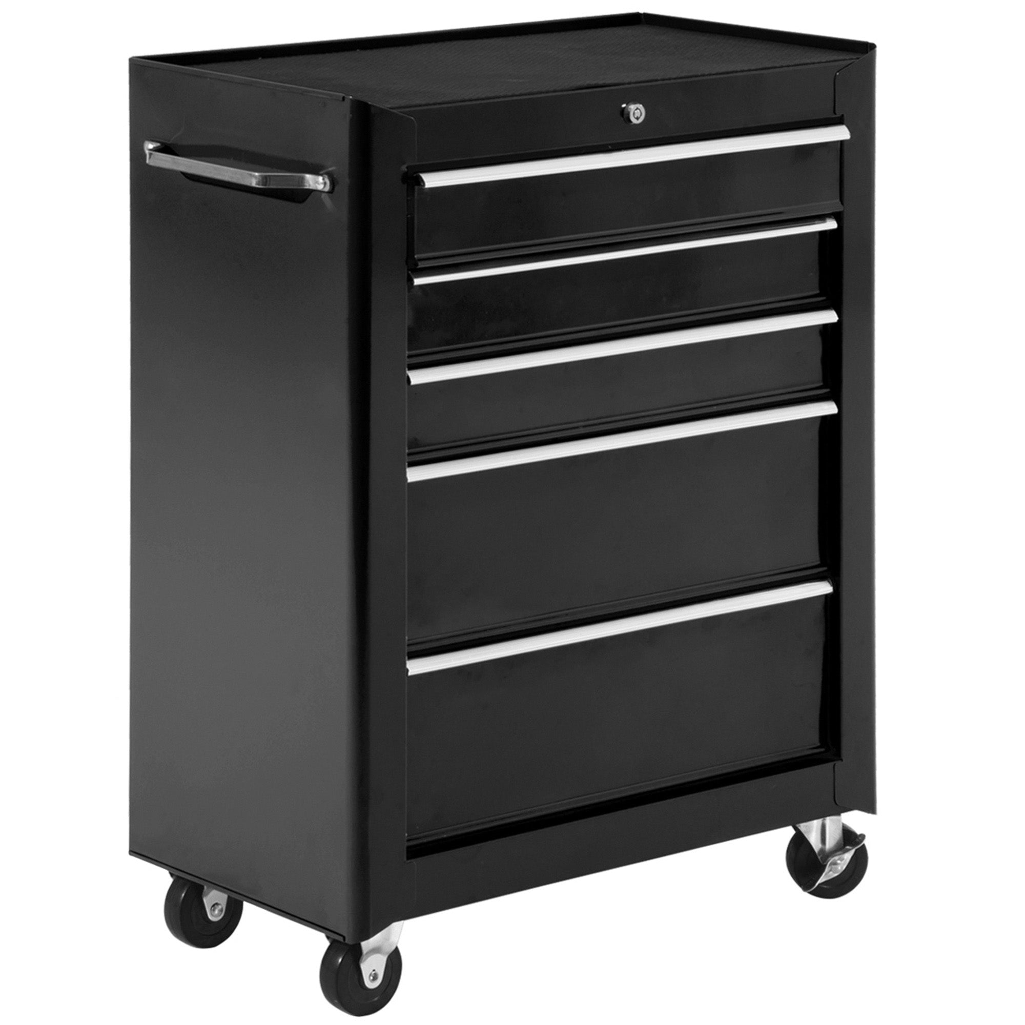 HOMCOM 5-Drawer Tool Chest, Lockable Steel Tool Storage Cabinet with Wheels and Handle Tool Box for Garage, Workshop, Black 