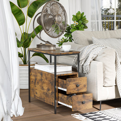 HOMCOM Side Table, Narrow Bedside Table with 2 Drawers and Storage Shelf, Industrial End Table with Metal Frame for Small Spaces, Rustic Brown 
