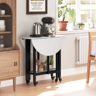 HOMCOM Folding Dining Table, Drop Leaf Table with Open Shelf, Rolling Kitchen Table for Dining Room, Small Spaces, White Marble 