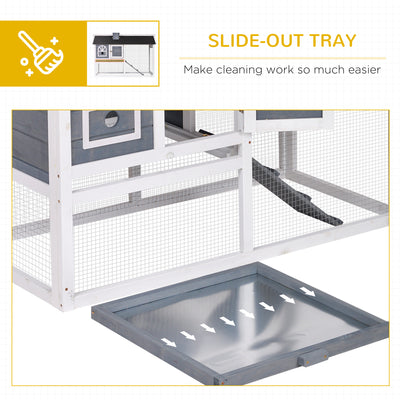 PawHut Wooden Rabbit Hutch and Run with Sliding Tray, Ramp, Water-resistant Roof, for 2-4 Rabbits, Grey 