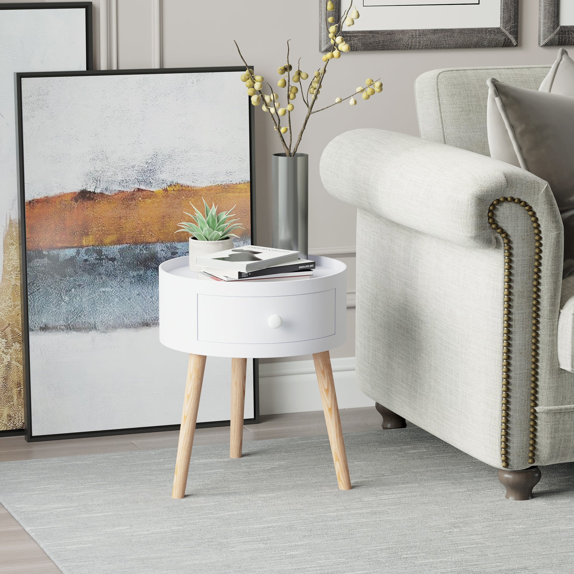 HOMCOM Modern Side Table, Small Coffee Table, Round Bedside Table with Drawer and Wood Legs for Living Room, Bedroom, White 