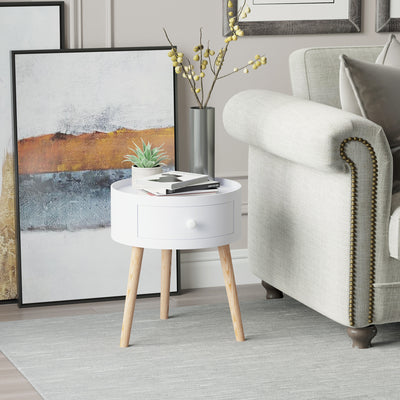 HOMCOM Modern Side Table, Small Coffee Table, Round Bedside Table with Drawer and Wood Legs for Living Room, Bedroom, White 